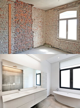 Renovation of a bathroom Before and after in horizontal format