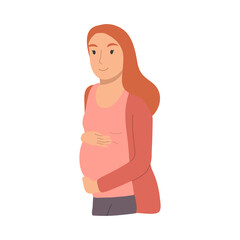 Smiling pregnant redhead woman awaiting baby birth.Happy pregnancy period. Vector hand drawn illustation isolated on white background.