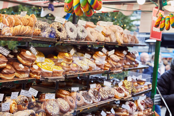 photograph of a donut stand