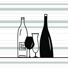 Graphic background with stylized bottle and wine glass. Menu page. Template. Copy space. 