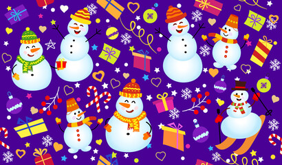 Winter pattern with snowmen, snowflakes and gifts. Family Snowman on dark blue background. Vector Seamless pattern. can be used for Christmas cards or wrapping paper.
