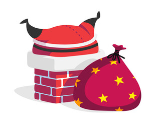 Cute Santa Claus stuck in the chimney. Vector illustration isolated on white background.