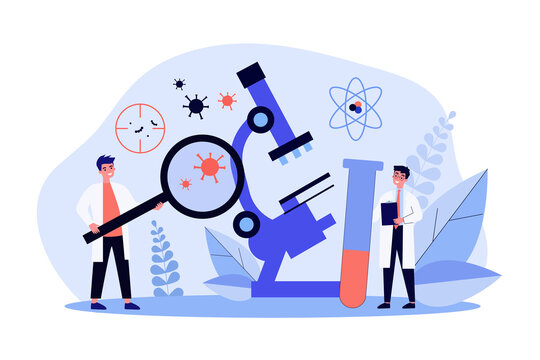Scientists doing research of coronavirus. Medical lab, doctors, microscope flat vector illustration. Covid test, science, medicine, healthcare concept for banner, website design or landing web page