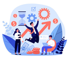 Happy businessman and his team celebrating success. Man in suit jumping high, money, growth chart flat vector illustration. Profit, achievement concept for banner, website design or landing web page