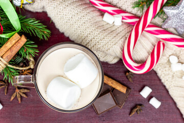 Top view of hot chocolate Christmas and New Year celebration cocoa drink in a glass cup with fir tree branches, holiday decorations and sweet red striped lollipops on wooden background.