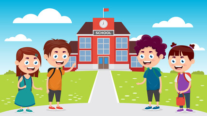 Obraz na płótnie Canvas welcome back to school, kids in front of school cartoon vector illustration