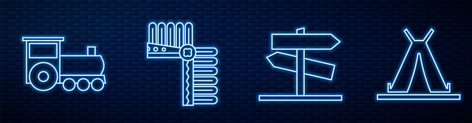 Set line Road traffic signpost, Retro train, Indian headdress with feathers, Indian teepee or wigwam and Wild west covered wagon. Glowing neon icon on brick wall. Vector. © Vadim