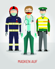 Masken Auf - The Masks Up! German Campaign for COVID-19 Coronavirus Spreading Prevention. Firefighter, Police Officer, Doctor wearing face masks in national colours of Germany. Vector flat characters.