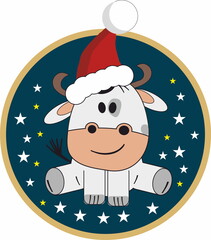 Cute cow in Santa hat bull, symbol 2021 year