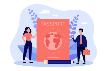 Tiny people travelling with foreign passport. Flat vector illustration for personal id, citizenship, document checking concept