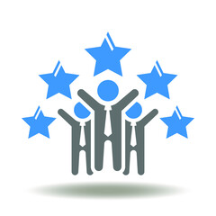 People group with hands up and five stars icon vector. Customer Feedback Sign. Rating, Assessment Symbol. Client Satisfaction Logo.