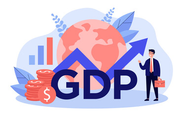 Happy businessman presenting gdp growth. Man in suit with growth chart, cash and globe. Vector illustration for gross domestic product rate, global economy, national budget, inflation concepts