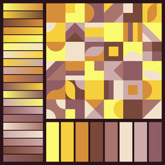 Brown and Yellow Harmonious Color Palette with Composition of Squares. Seamless Pattern with Color Swatches and Gradients.