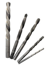 set of drill bits of 5 pieces of silver color in different diameters and sizes, isolated on white...