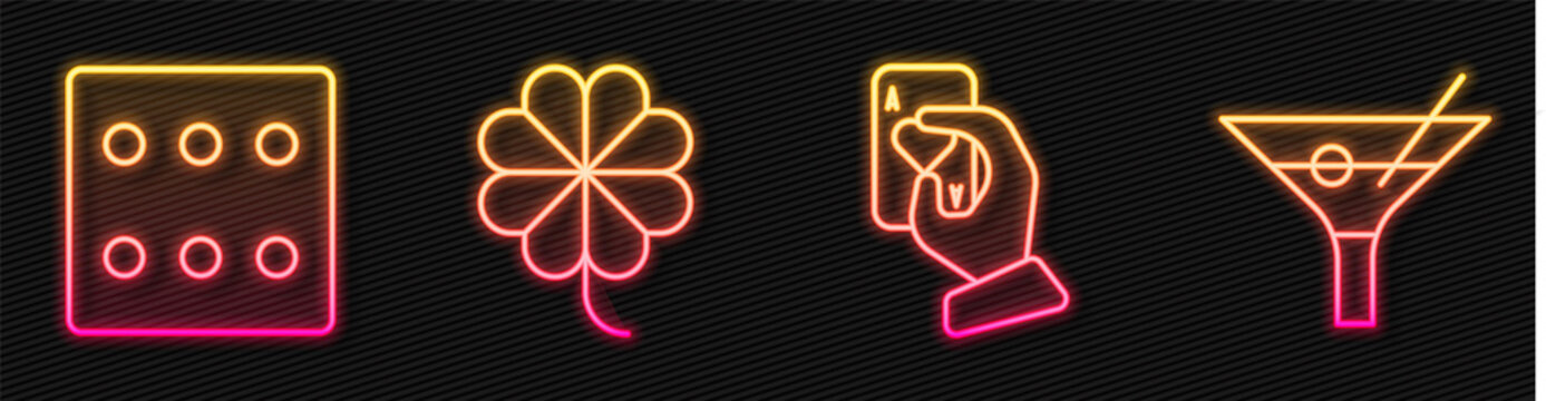 Set line Hand holding playing cards, Game dice, Casino slot machine with clover and Martini glass. Glowing neon icon. Vector.