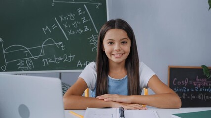joyful schoolkid sitting at desk with laptop, notebooks and books