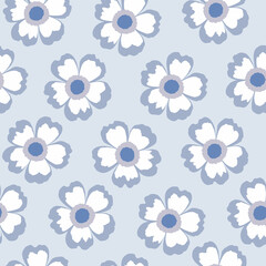 seamless pattern with abstract blue anemone flowers, monotone repeat background vector