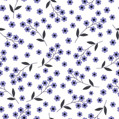 Vector seamless floral pattern in monotone color, botanical illustration of small blue flowers and leaves on white background.