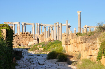 An ancient street in Leptis Magna at Khoms, Libya.