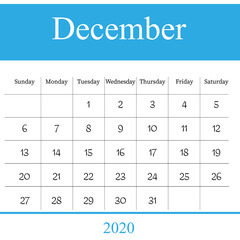 2020 December calendar design on white background