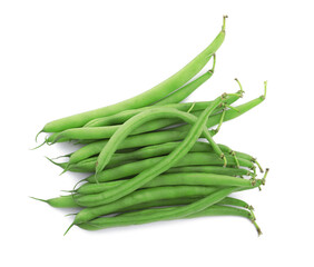 Fresh green beans on white background, top view