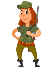 Hunter holding rifle on her shoulder. Female character in cartoon style.