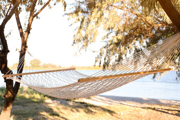 Empty comfortable hammock on beach. Summer vacation