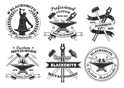 Blacksmith labels set. Monochrome emblems templates with text and tools, vintage badges with crossed hammers, smith and anvil. Vector illustrations collection for craft, ironwork, metalwork concept