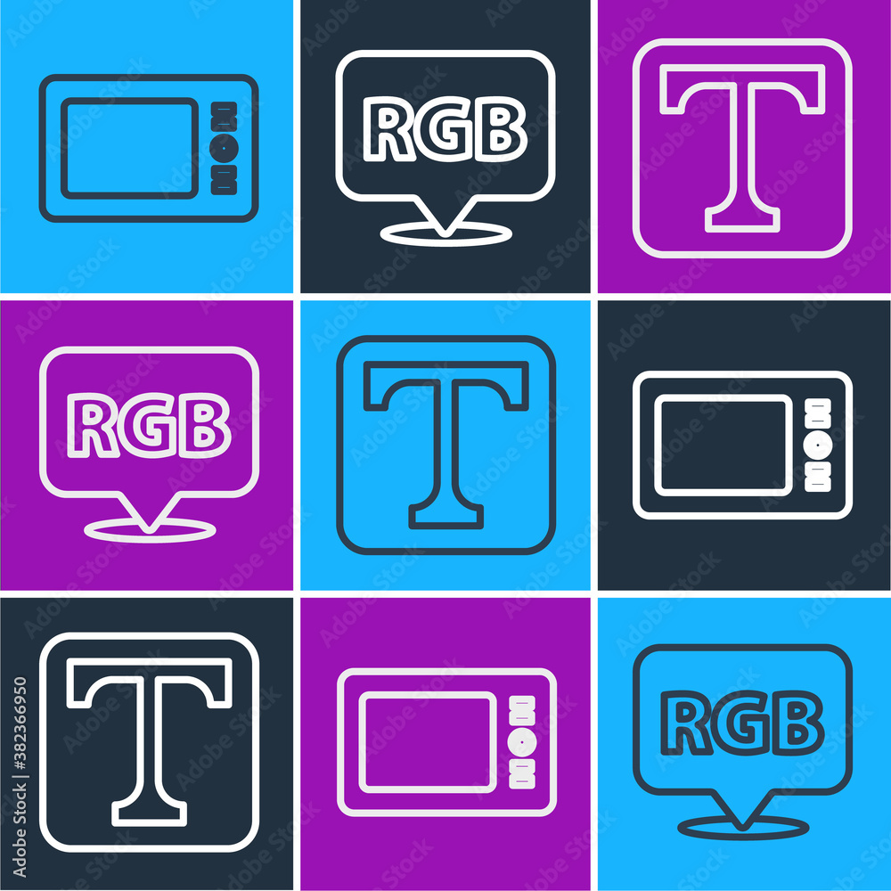 Fototapete set line graphic tablet, text and speech bubble with rgb and cmyk icon. vector.