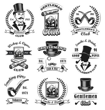 Gentlemen club emblems set. Monochrome badges templates with sirs in top hats, cigars and whiskey. Vector illustrations with text in vintage style for bar or pub emblem design