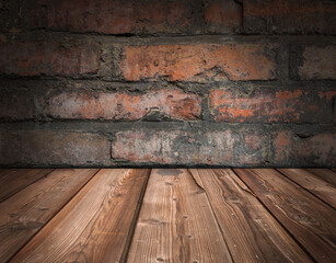 Product background with old dirty wooden floor and old brick wall
