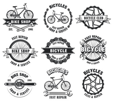 Bike shop emblems set. Monochrome labels templates with bicycles, wheels and wrenches. Vector illustrations collection with text for bike repair service concept