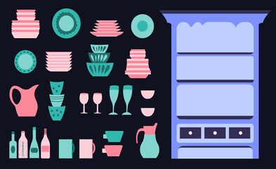 Vintage sideboard dishware collection, kitchen utensils for cooking on the dark background.
