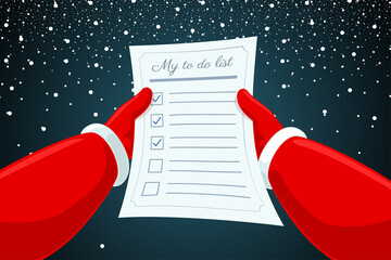 Santa Claus hands holding and reading letter to do list paper on snowy background. Christmas and Happy New Year holiday cartoon vector eps illustration empty form sheet with check marks
