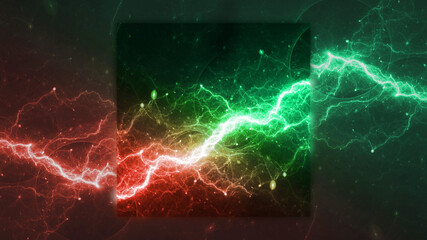 Red and green lightning, with design cut