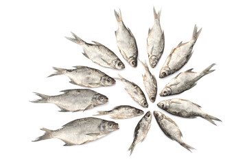 Top view of dried salted fish isolated on white background. Beer snack.