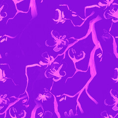 Blossom Watercolor. Bright Purple Cherry Leaf. 