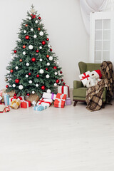 Christmas tree blue pine with gifts decor interior of the white room new year