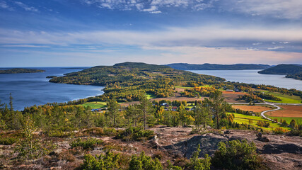 Beautiful views of forest mountains and sea on a sunny autumn day