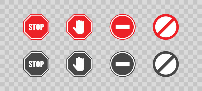 Stop sign in flat style on transparent background. Set warning red and black vector icon. Hend, stop and ban