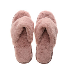 Stylish soft slippers on white background, top view