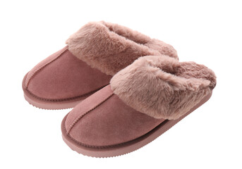 Fototapeta na wymiar Pair of stylish soft slippers on white background