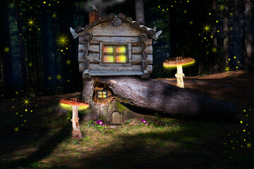 Magic, a fantastic pine forest with pine trees and giant mushrooms and toadstools . A fairy-tale...