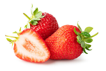 Three ripe strawberry fruits isolated on white background. Clipping path