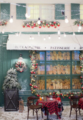 Christmas cafe bakery exterior with decorations