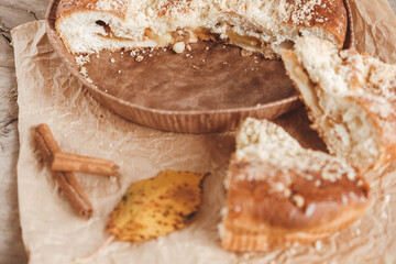 Homemade apple pie and cinnamon on vintage wooden background texture. Top view. Copy, empty space for text