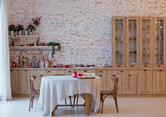Light kitchen with Christmas decorations lights