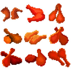 A food set of nine images of fried chicken legs. Images for different purposes sites, logos, restaurant menus, and more.