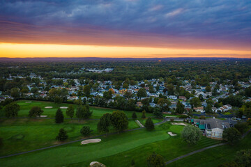 Fototapeta na wymiar Aerial Sunset Over Golf Course in Woodbridge New Jersey