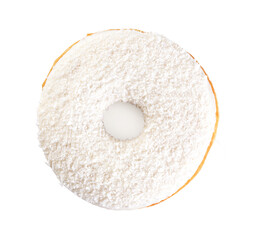 Donut glazed with white chocolate and coconut flakes isolated white background.